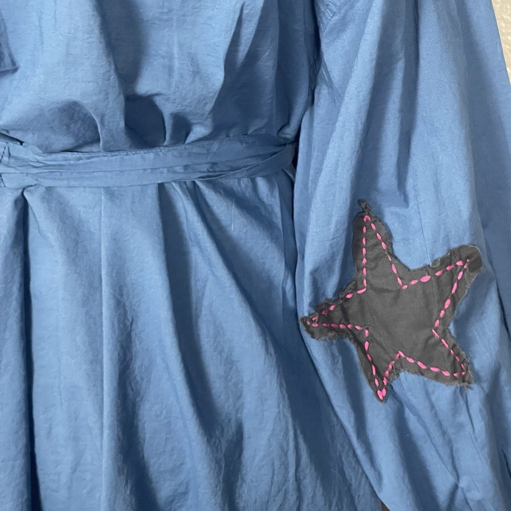 Natural Life Blue Button Front Shirt Dress Womens LXL Star Elbow Patches Cotton - Picture 6 of 12